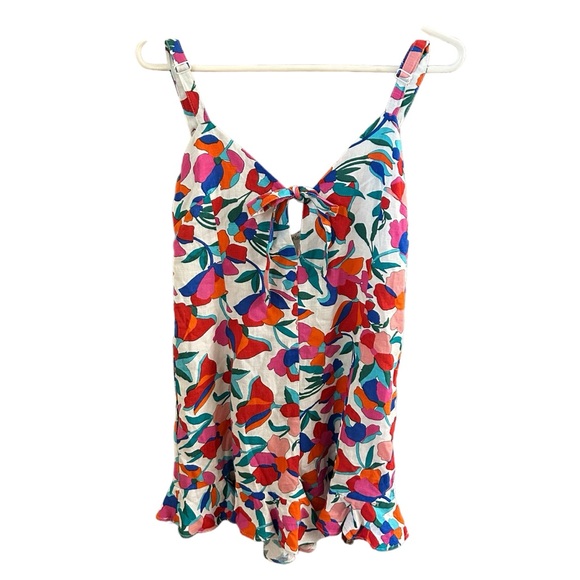 Olivaceous Pants - Olivaceous Linen Blend Floral Romper Tie Ruffles Adj Strap V-neck Halter Style S